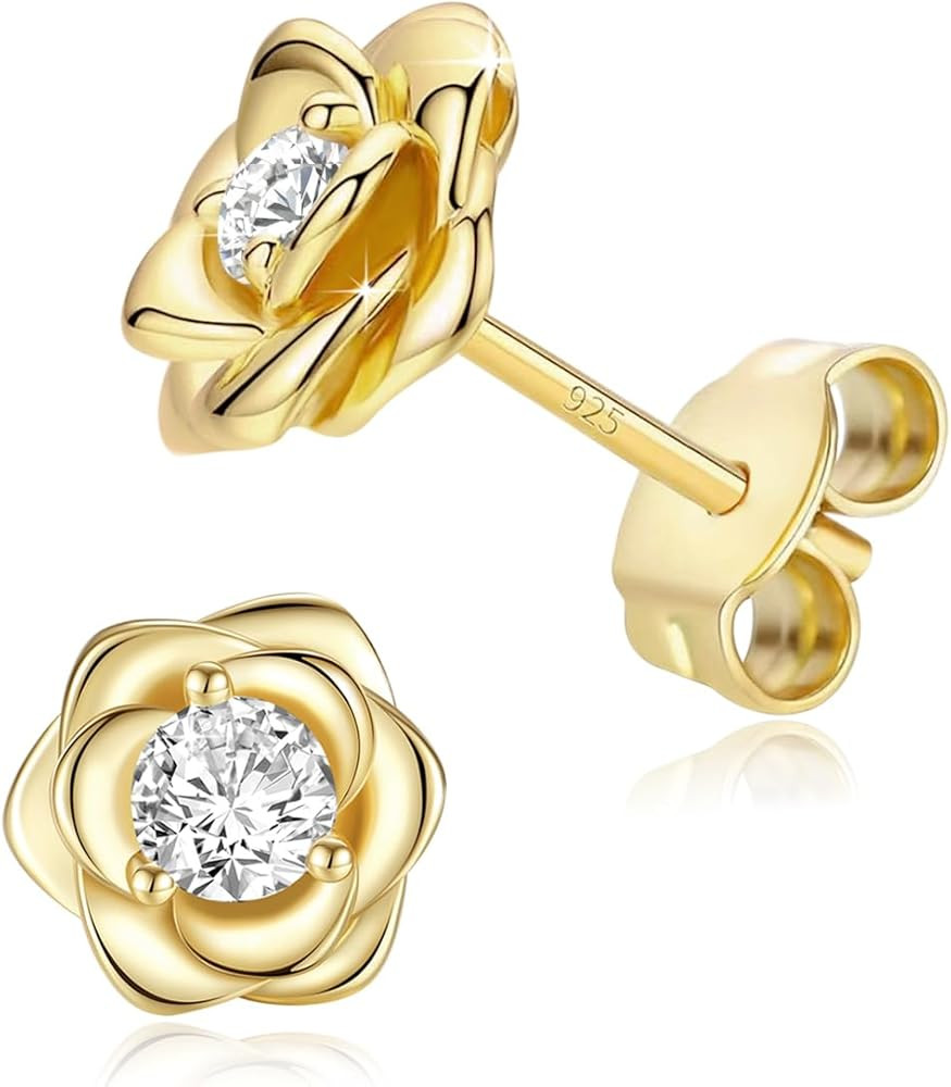 Rose Flower Gold Plated Stud Earrings For Women 925 Sterling Silver Post,Cubic Zirconia Hypoaller... | Amazon (US)
