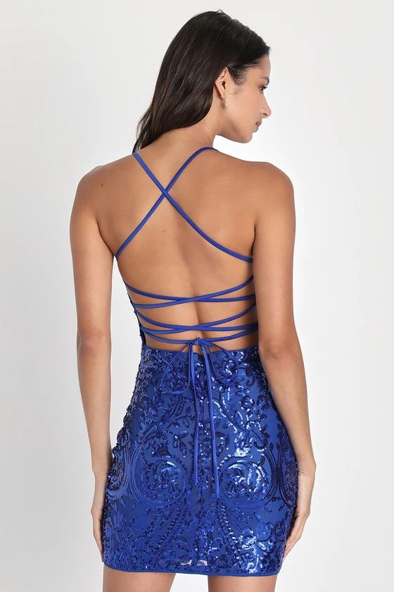 Shining Goddess Cobalt Blue Sequin Lace-Up Mini Dress | Lulus