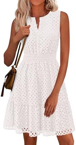 PRETTYGARDEN Women's Summer Dresses 2026 Sleeveless V Neck Eyelet Hollow Out Swing A Line Beach V... | Amazon (US)