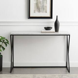 Welwick Designs 46 in. Faux White Faux Marble Rectangle Wood and Black Metal Glam Geometric Console  | The Home Depot