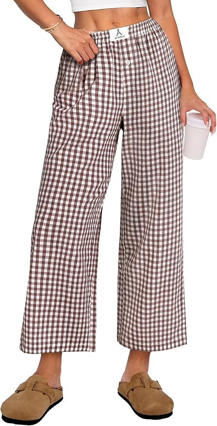 ANRABESS Womens Gingham Striped Pants, Palazzo & Cropped, Comfy & Cute, Lounge Pajama Plaid PJ Bo... | Amazon (US)