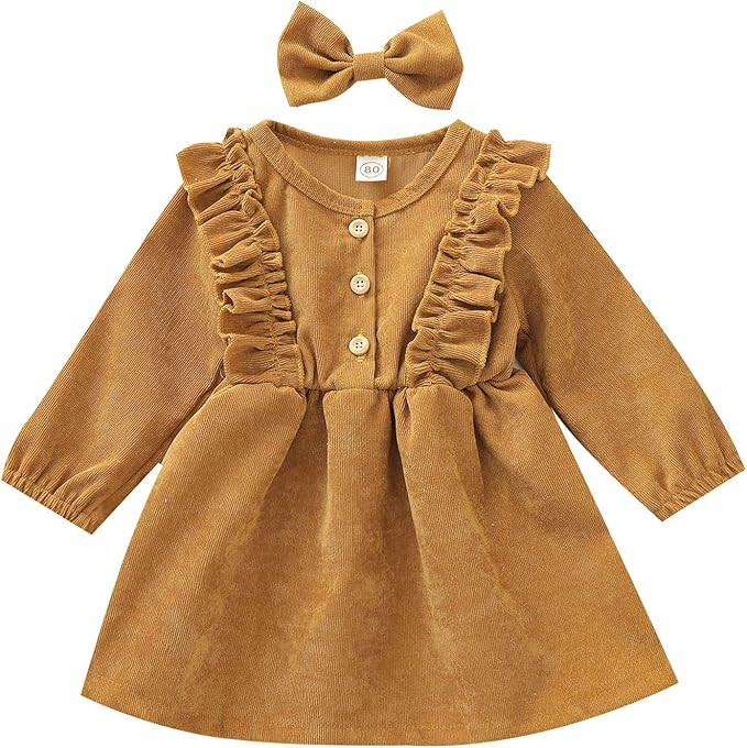 YQYJA Toddler Baby Girls Fall Winter Corduroy Ruffle Long Sleeve Dress Headband Kids Dresses | Amazon (US)