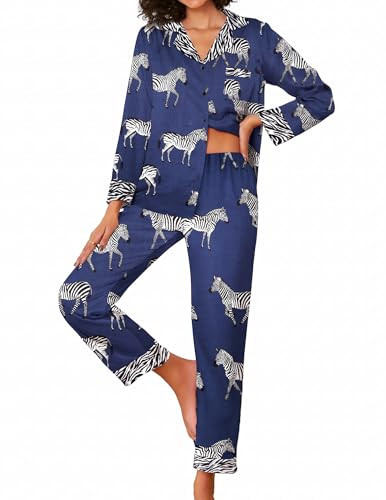 Ekouaer Silk Pajamas Striped Animal Print Satin Pj Sets Button Down Long Sleeve Silky Pjs Sleepwe... | Amazon (US)