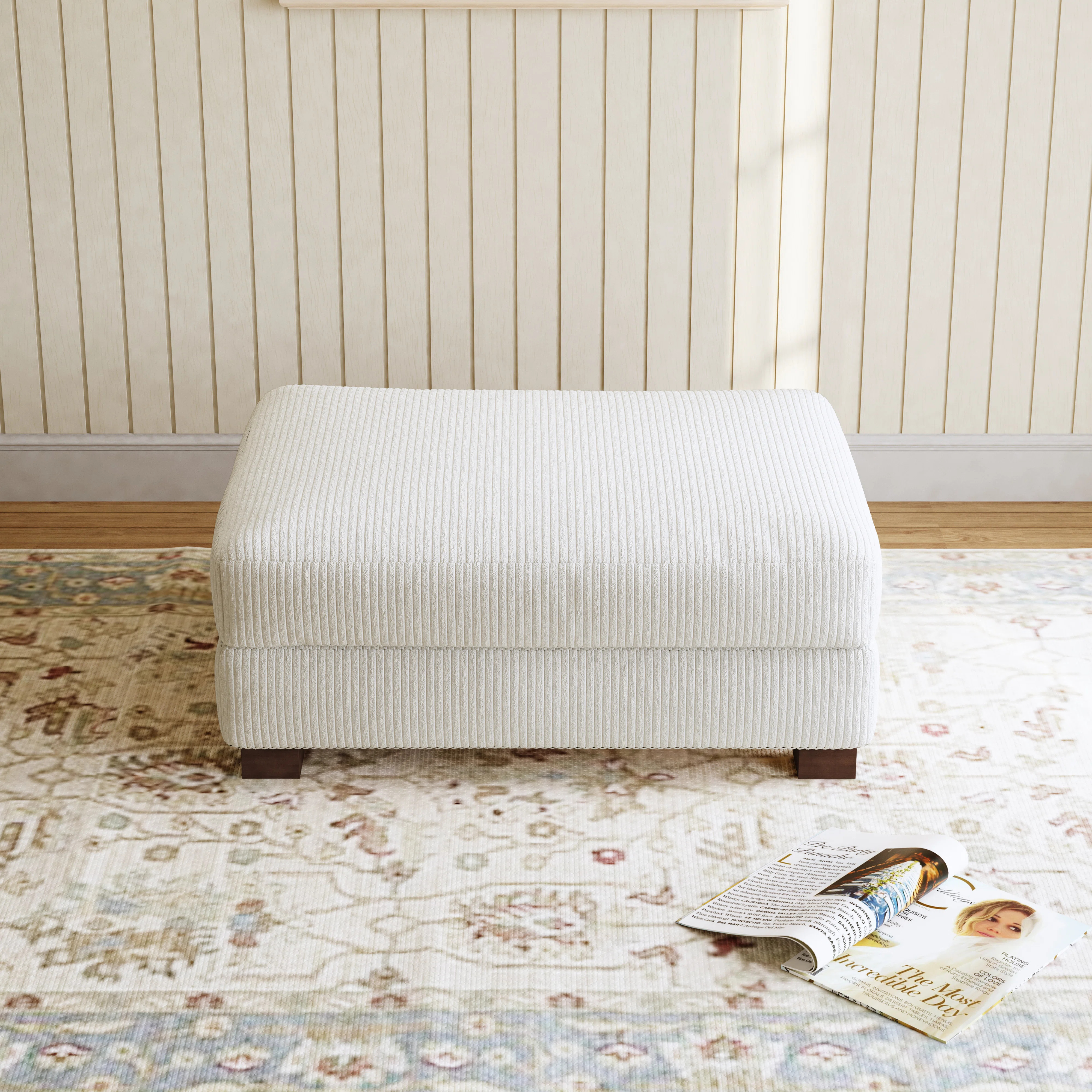 Maelina Upholstered Beige Square Corduroy Ottoman with Solid Wood Legs, Single Ottoman Modular Pa... | Wayfair North America