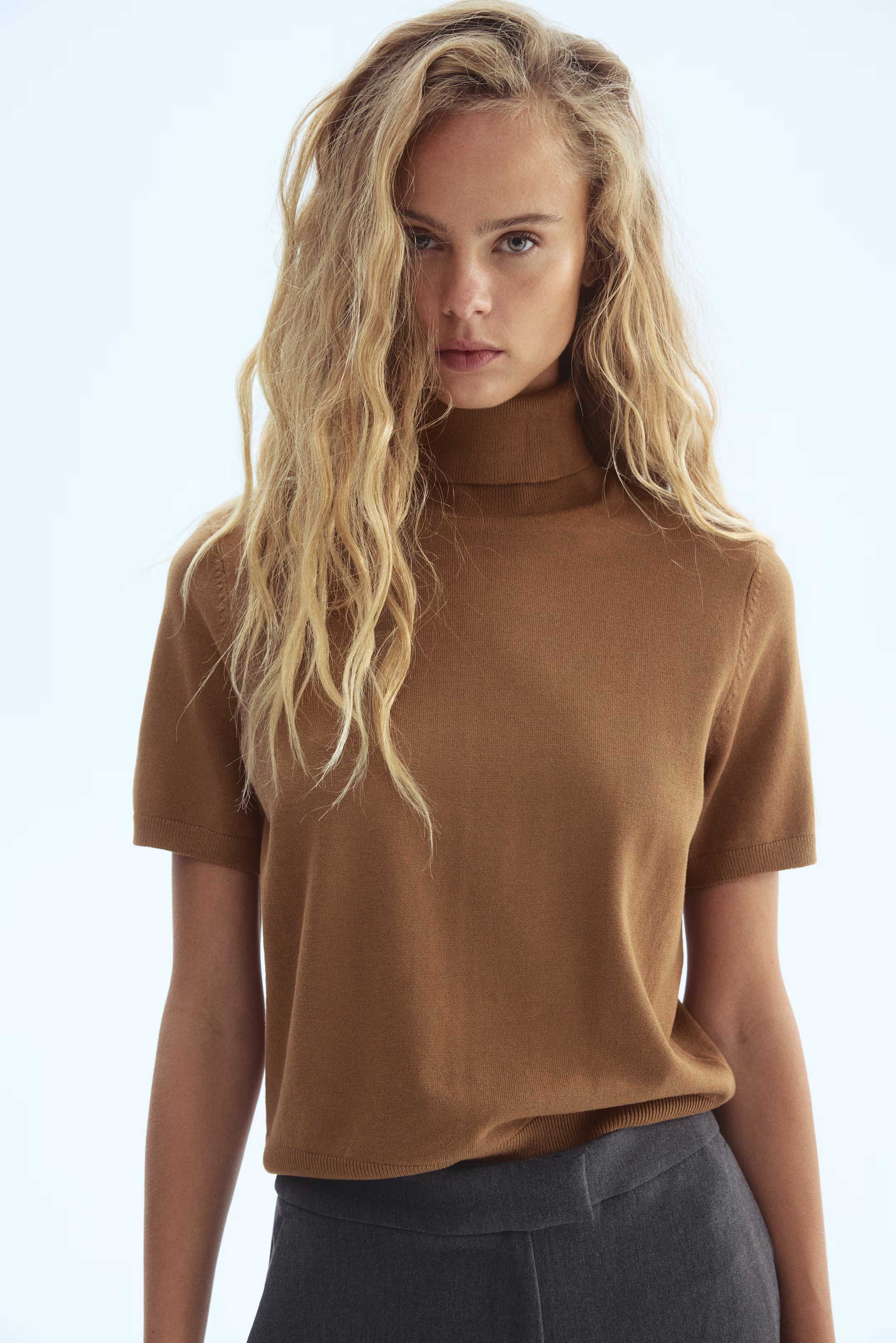 Fine-knit polo-neck top - Dark beige - Ladies | H&M GB | H&M (UK, MY, IN, SG, PH, TW, HK)