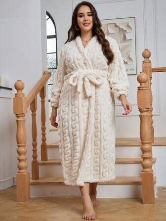 Plus Solid Belted Flannelette Robe | SHEIN