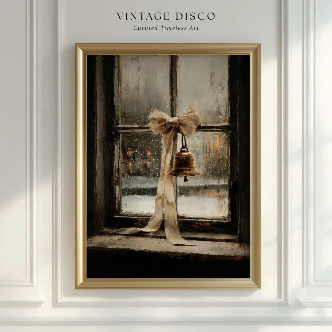 Vintage Christmas Bell Window Painting - Nostalgic Farmhouse Holiday Print, Rustic Dark Academia ... | Etsy (US)