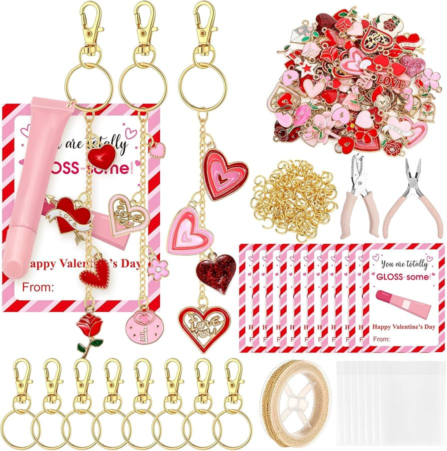 Tondiamo 300 Pcs Valentines Theme Lip Gloss Keychain Making Kit 100 Pink Enamel Charms 32.81 ft G... | Amazon (US)