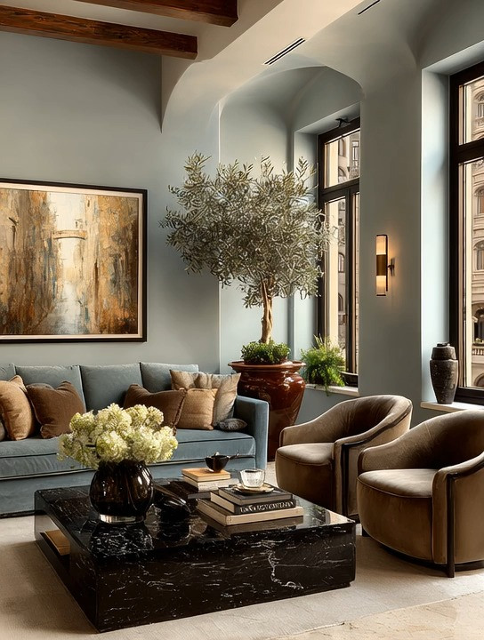 Add color… without adding color.

This is what quiet luxury looks like when it’s done right.

A soft blue velvet sofa paired with warm taupe tones creates depth without ever feeling loud. It’s the understated version of the classic blue and brown palette—more refined, more intentional.

Velvet changes everything here.
It softens the room, catches light beautifully, and adds that subtle richness that flat fabrics simply can’t.

Then comes the anchor.
A bold black coffee table grounds the entire space, giving you the freedom to style around it—books, florals, candles—whatever fits your mood or your lifestyle.

And the final layer is what brings it to life.
An olive tree in the corner adds that effortless Italian influence—warm, relaxed, and quietly elegant.

This is how you bring European living into a modern city home.

Shop our edit to recreate this look with velvet seating, grounding tables, and natural accents.

Because the most beautiful homes feel curated, not decorated.

#QuietLuxury #LivingRoomDesign  

 #LTKHome