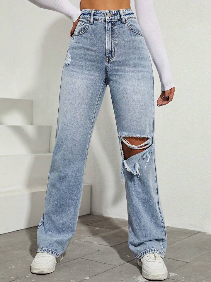 SHEIN EZwear High Waist Ripped Boyfriend Jeans | SHEIN