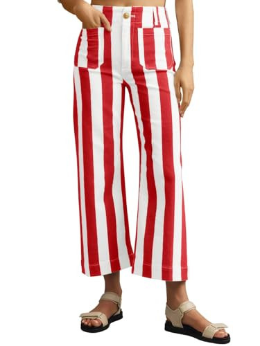 Skoinvb Womens Striped Jeans Wide Leg Trousers Casual High Waisted Stretchy Straight Leg Denim Pants with Pockets Red 4 | Amazon (US)