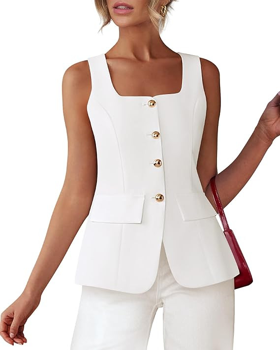 BTFBM Womens Sleeveless Suit Vests Dressy Casual Square Neck Business Work Waistcoat Summer Butto... | Amazon (US)