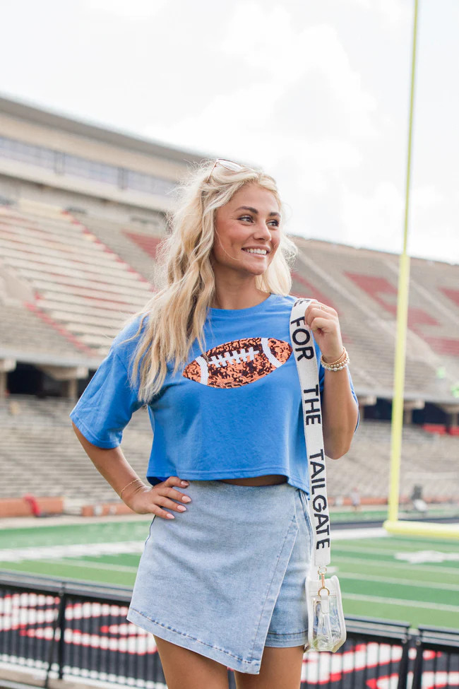 End Zone Elegance Blue Football Sequin Tee | Pink Lily