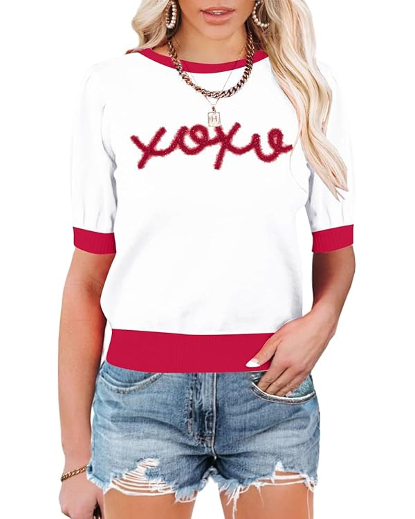 Valentines Day Shirt Women Funny Love Embroidered Puff Short Sleeve Crewneck Sweater Basic Knit P... | Amazon (US)