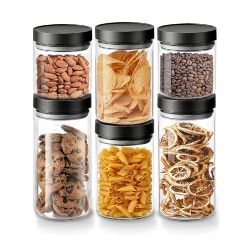 Danbark Set of 6 Mixed Sizes Airtight Glass Storage Canisters with Lids - Pantry Organizers and Storage Glass for Kitchen - for Pantry, Flour, Sugar, Coffee, Tea, Pasta, Rice, and Snacks - Black | Amazon (US)