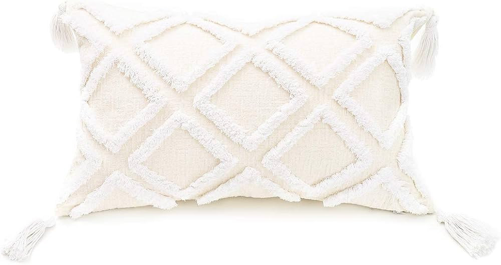 PLWORLD Boho White Lumbar Throw Pillow Cover 12x20 Inch with Tassels, Moroccan Tufted Cream Cheni... | Amazon (US)