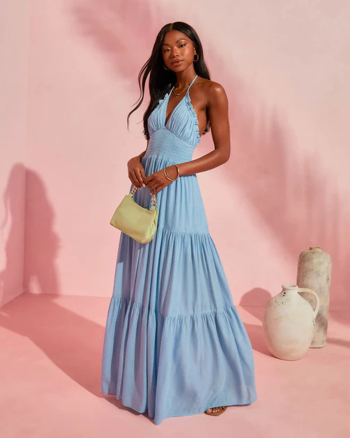 Whisked Away Smocked Halter Pocketed Tiered Maxi Dress - Light Blue | VICI