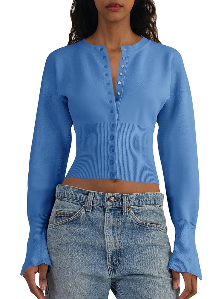 Saodimallsu Womens Cropped Sweaters Button Down Long Sleeve V Neck Ribbed Knit Slim Fit Pullover ... | Amazon (US)