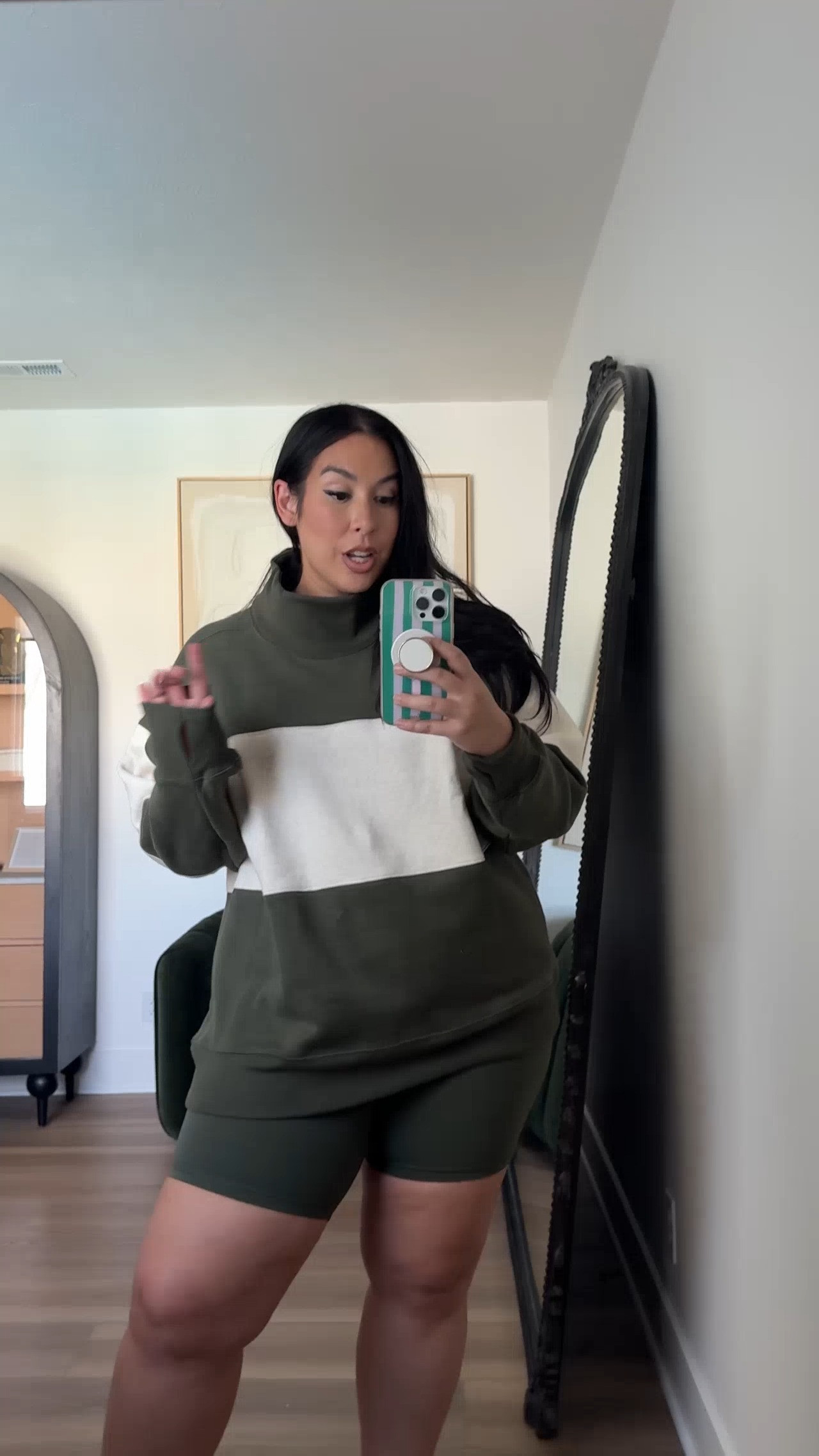 The funnel neck trend is so cute for fall, and I think I'd really love this one paired with joggers!

Top: L
Shorts: XL

aerie, casual outfits, cozy outfits, fall outfits, mid size outfit ideas for fall, affordable outfits, athleisure, funnel neck sweatshirt, mockneck pullover 

 #LTKootd #LTKMidsize