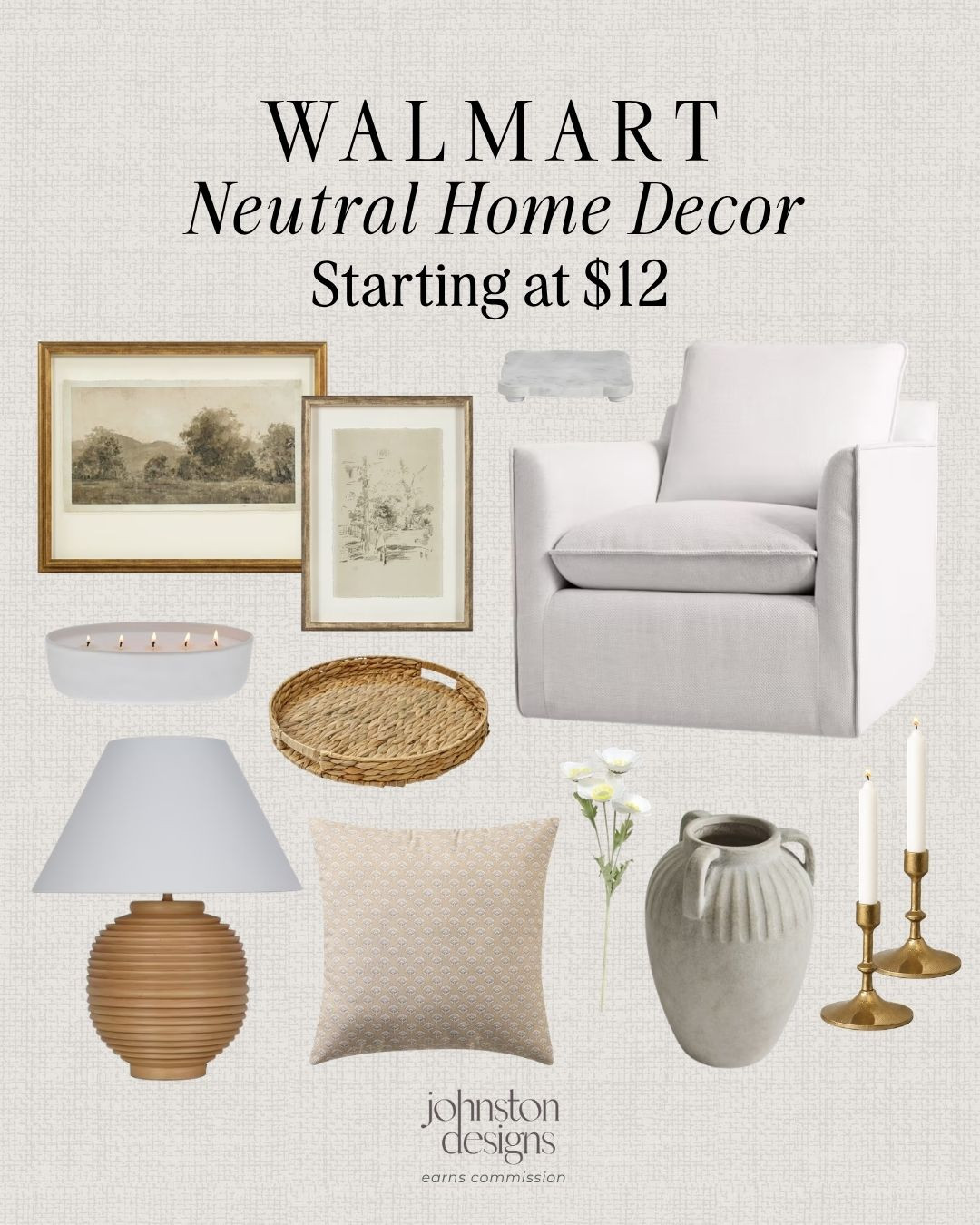 Walmart neutral home decor starting at $12, perfect for a soft living room refresh with classic cozy pieces. 🤍

Walmart neutral home decor, neutral living room finds, accent chair, framed wall art, woven tray, ceramic vase, brass candlesticks, table lamp, throw pillow, marble riser, faux florals, cozy home refresh, affordable Walmart home, classic home decor, budget friendly decor finds, warm neutral styling 

 #LTKHome