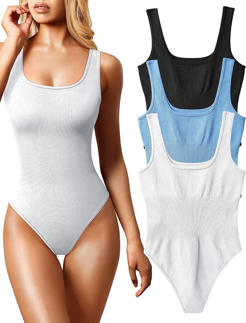 OQQ Women's 3 Piece Bodysuits Sexy Ribbed Sleeveless Square Neck Sleeveless Tank Tops Bodysuits | Amazon (US)