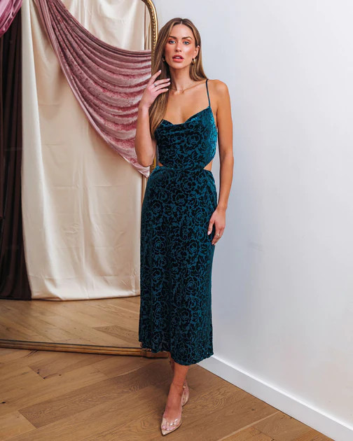 Priana Burnout Velvet Cutout Back Midi Dress - Teal | VICI