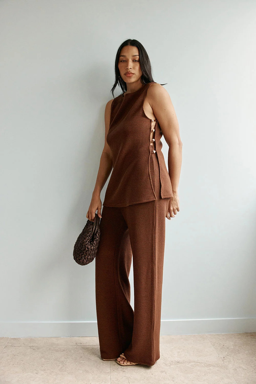 Brown Waffle Boxy Slit Andy Top | Sabo Skirt US
