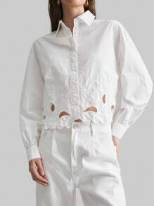 Ontre 2025 New Women's Hollow Embroidered Hem Short Cuff Blouse, Minimalist Fashion Casual Daily ... | SHEIN