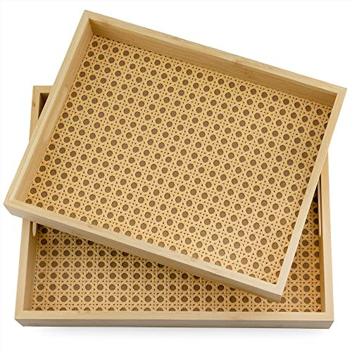 AuldHome Ottoman Rattan Breakfast Trays (Set of 2); Basket Serving Trays with Wooden Fram for Serving Guests, Coffee Break, Breakfast and More | Amazon (US)