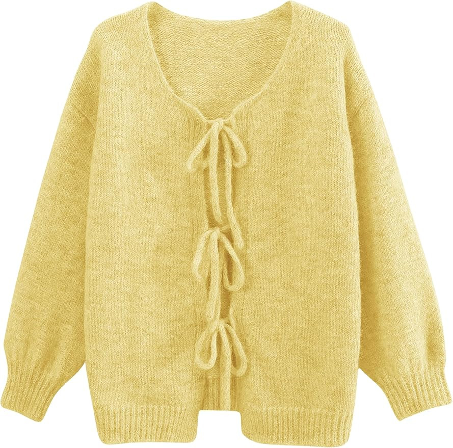 Lumister Cute Oversized Cardigan Sweaters for Women Y2K Long Sleeve V Neck Bow Tie Front Cadigan ... | Amazon (US)