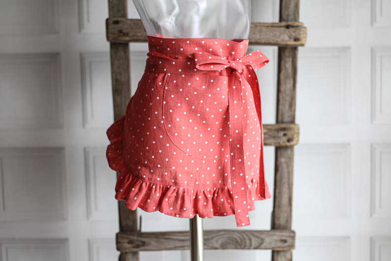 Ruffled Apron Made From 100% Linen, Natural Linen Half Apron, Kitchen Dress Apron With Pocket, Da... | Etsy (US)