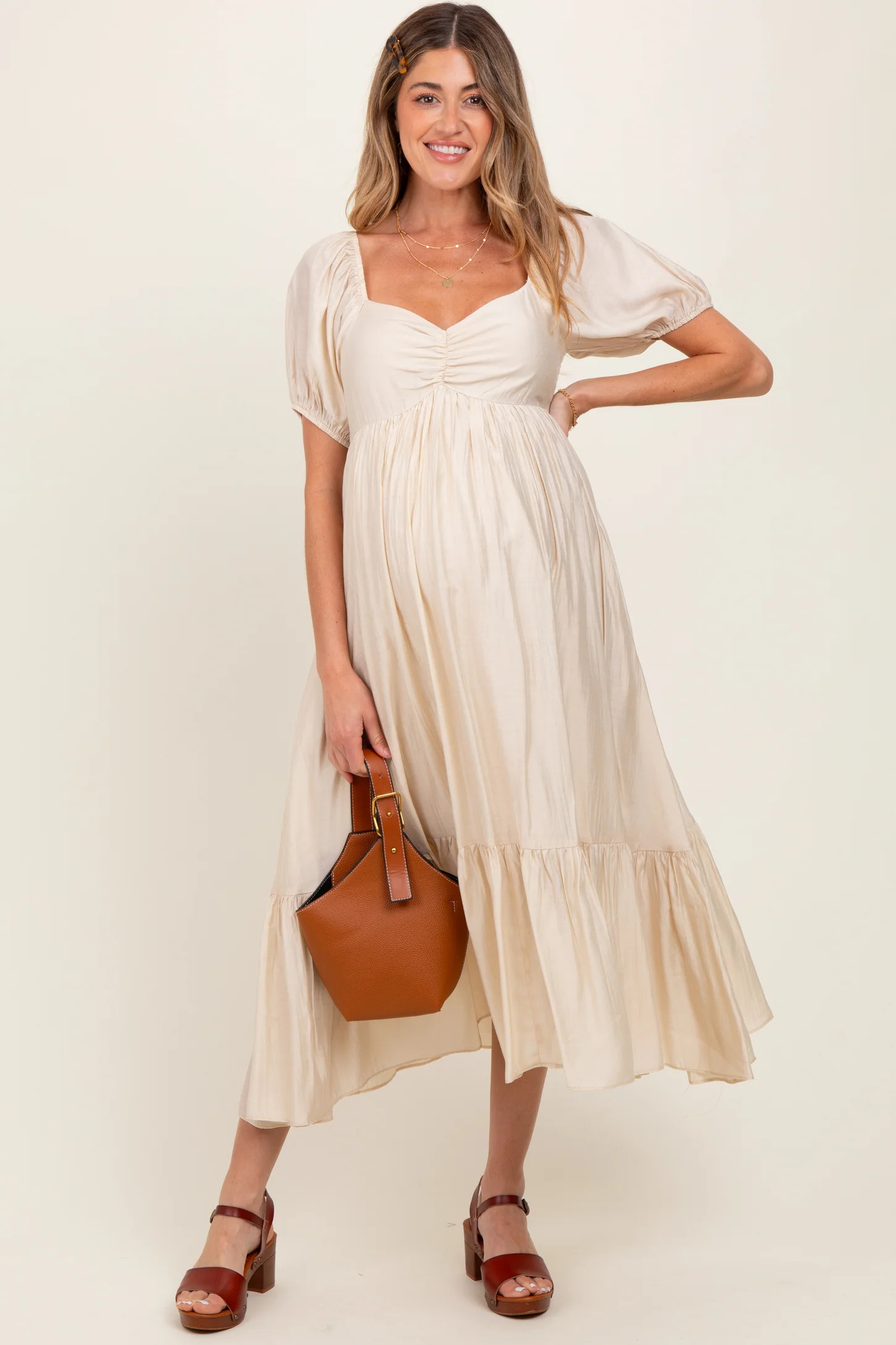 Cream Ruched Sweetheart Neck Tiered Maternity Midi Dress | PinkBlush Maternity