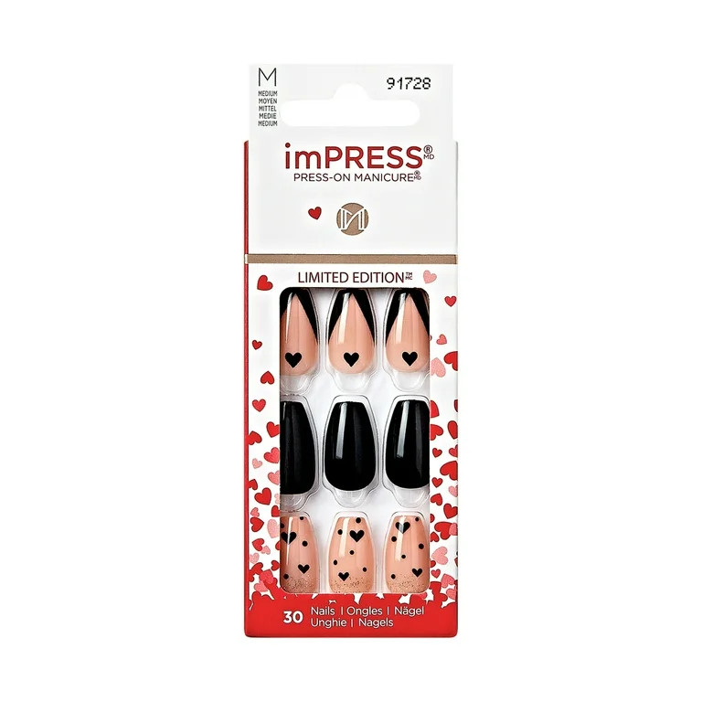 imPRESS Valentine Press-On Nails, No Glue Needed, Black, Medium Coffin, 33 Ct. | Walmart (US)
