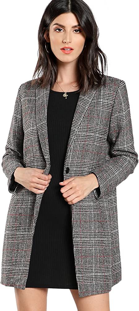 SheIn Women's Lapel Collar Coat Long Sleeve Plaid Blazer Outerwear | Amazon (US)