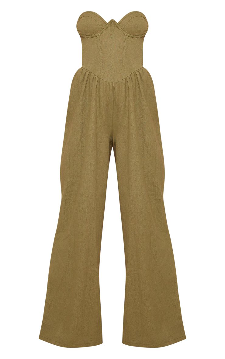 Khaki Linen Look Underwired Corset Bandeau Jumpsuit | PrettyLittleThing US