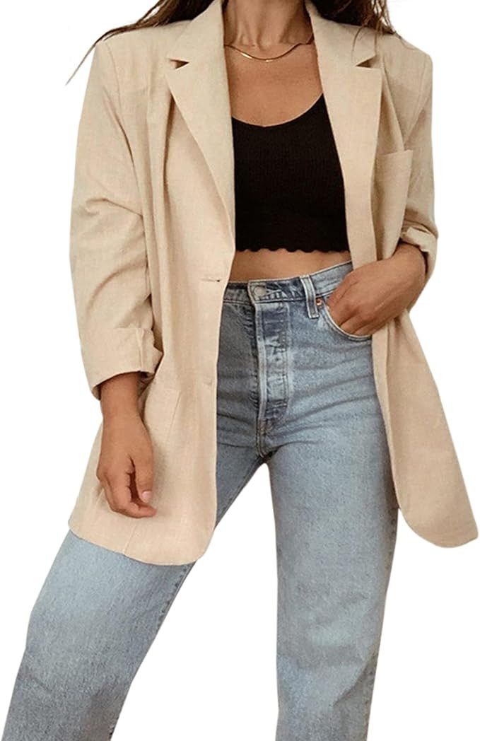 SAFRISIOR Women Casual Shoulder Pad Long Sleeve Blazer Lapel Button Open Front Work Office Jacket... | Amazon (US)