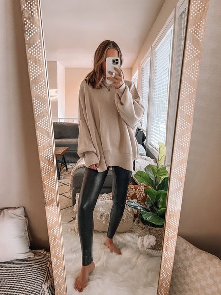 Spanx faux leather croc leggings 20% off! Wearing a size small. Sweater is free people (xs), but I also have the Amazon one (size up one - I wear a medium) and the forever 21 option (also size up one) 

#LTKstyletip #LTKCyberweek #LTKsalealert