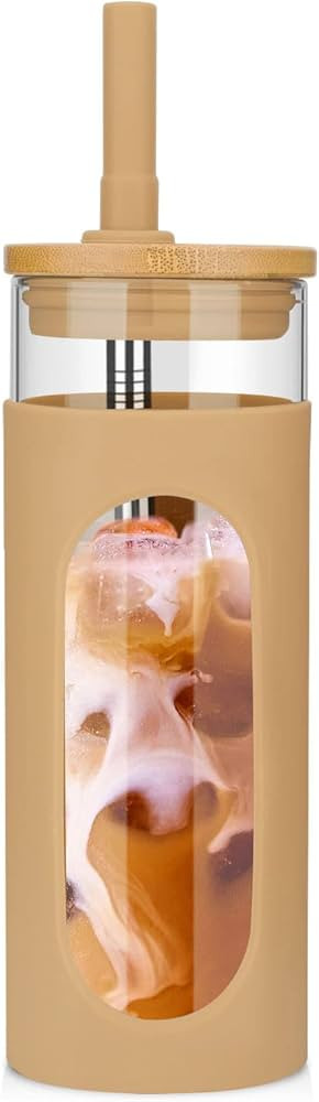 Tronco 22oz Glass Tumbler with Bamboo Lid and Straw, Glass Cup For Boba,Iced Coffee,Smoothie, Spi... | Amazon (US)