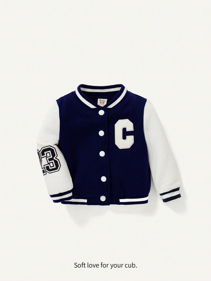 Cozy Cub Baby Letter Patched Striped Trim Colorblock Varsity Jacket | SHEIN