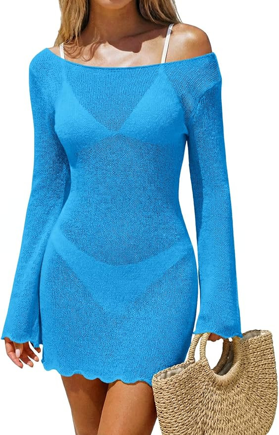 Saodimallsu Womens Swimsuit Cover Up Long Sleeve Sheer Mesh Knit Mini Dress Backless Tie Summer B... | Amazon (US)