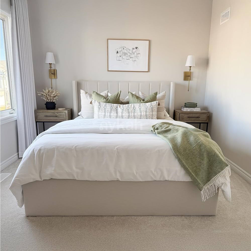 Modern Cream Queen Size Bed Frame with Storage, Foam Filled Fabric, Modern Wingback Design Bed, M... | Amazon (CA)