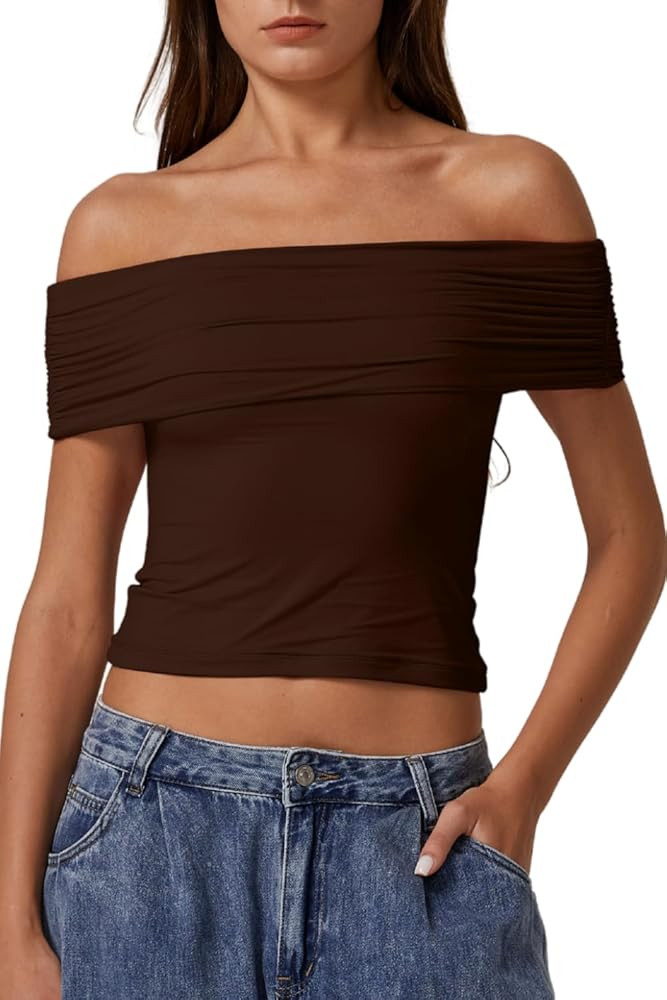 QINSEN Womens Off The Shoulder Tops Double Lined Short Sleeve T Shirts Slim Fitted Stretchy Crop ... | Amazon (US)