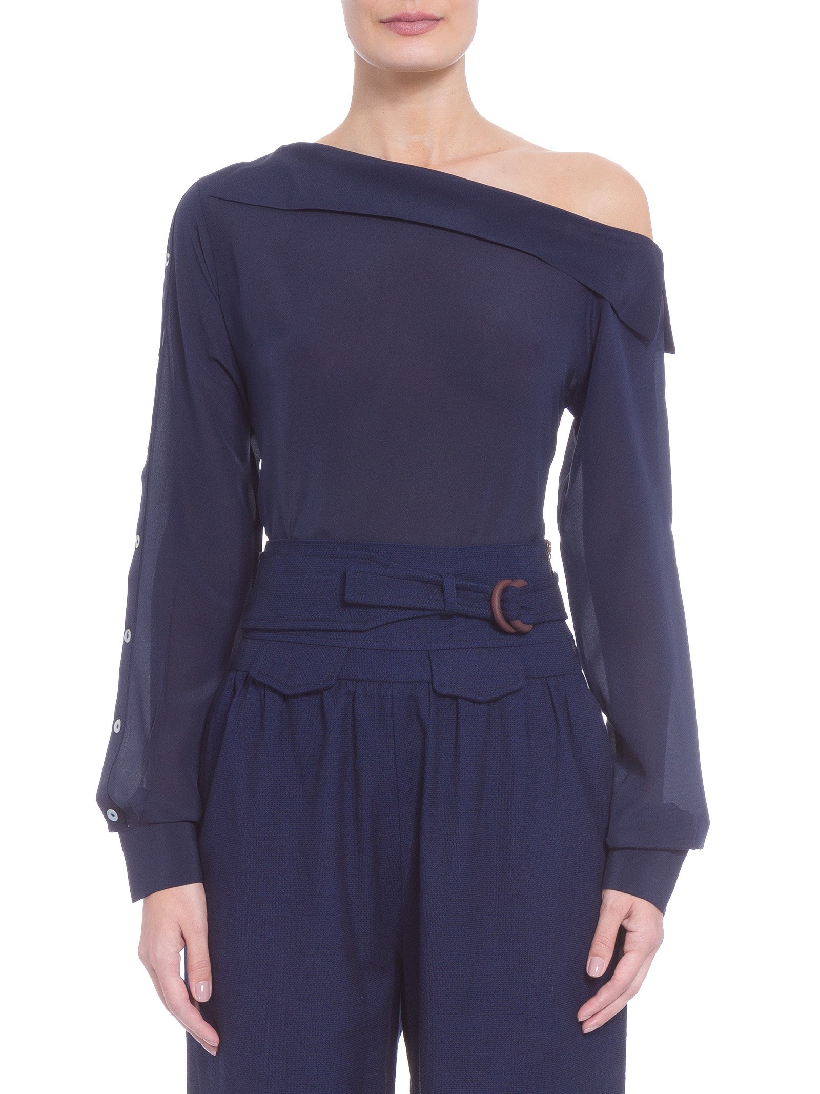 CAMISA FEMININA OMBRO DESLOCADO DE SEDA - AZUL | Shop2gether BR