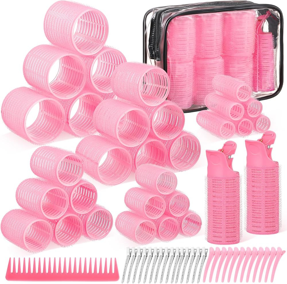 64 PCS Travel Hair Rollers Set for Women - 5 Sizes Self Grip Curlers with 2 Volumizing Roller Cli... | Amazon (US)