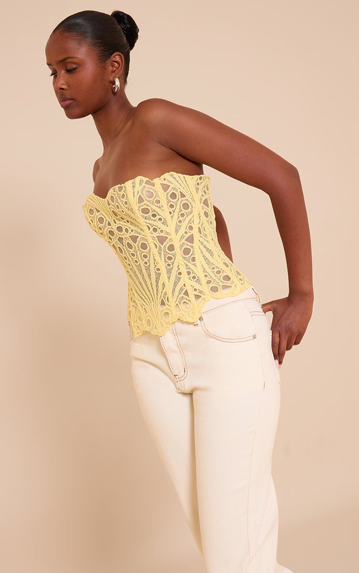 Butter Yellow Textured Sheer Floral Lace Corset | Tops | PrettyLittleThing UK