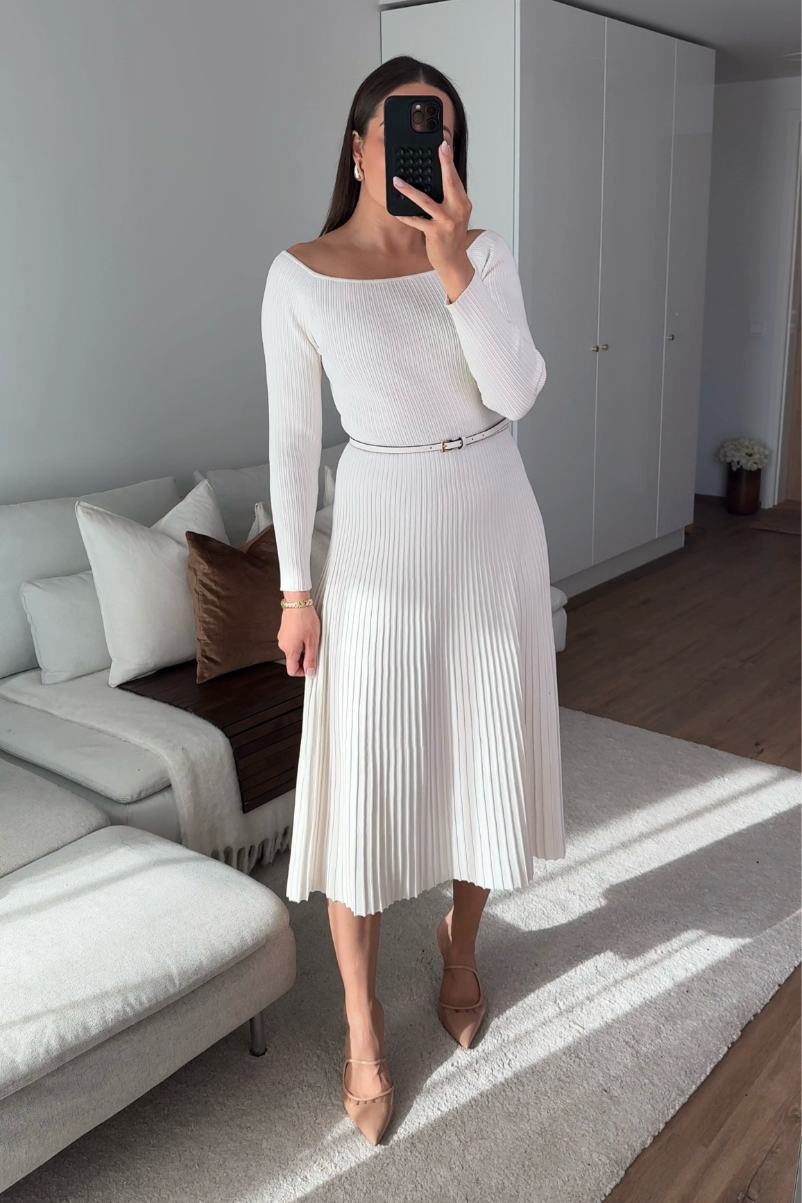 womens cream knit dress GRACE RIBBED SWEATER DRESS – THIRTYWAY main image 1