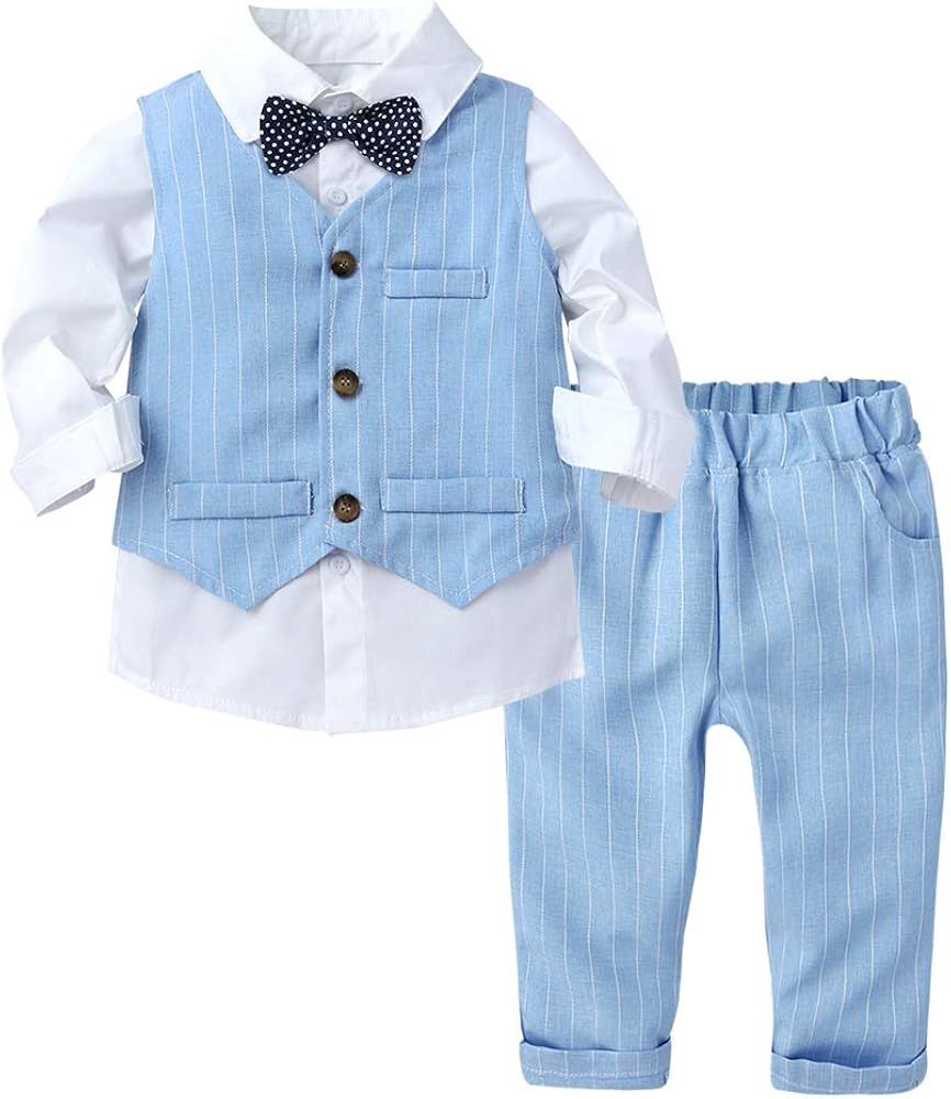 Baby Boys 3Pcs Gentleman Suit Kids Formal Outfits Set Bowtie Long Sleeve Shirt+ Tuxedo Vest+ Pant... | Amazon (US)