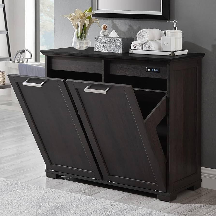 OLD CAPTAIN Double Tilt Out Trash Cabinet, Wooden Kitchen Garbage Can Free Standing Holder (Dark ... | Amazon (US)