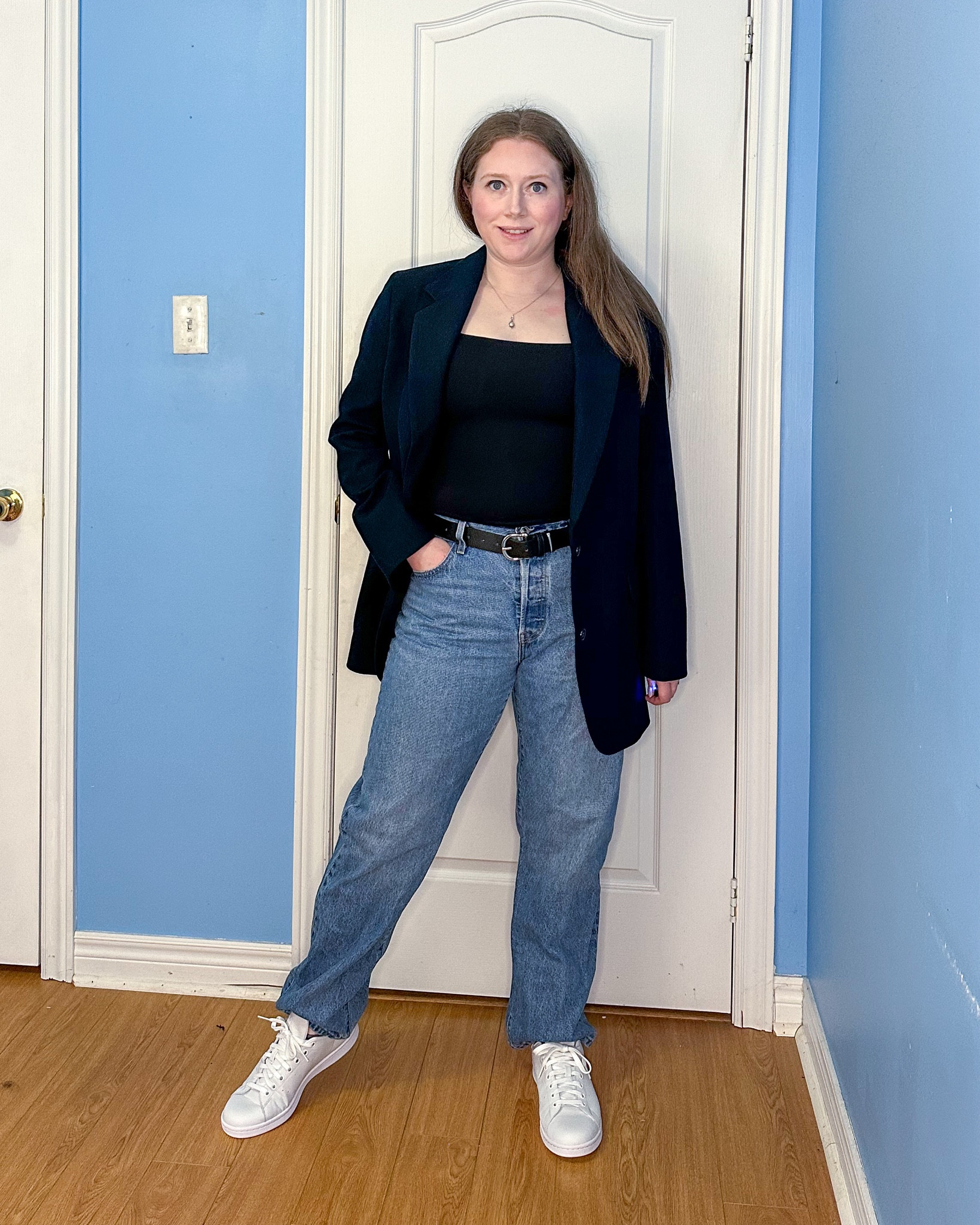 How To Style a Blazer with Jeans

To style a blazer with jeans, pair with a black top, belt and white sneakers to complete this look. A simple casual Friday outfit for work.

Aritzia Agency Blazer - Size Medium
Aritzia Contour Top - Size Medium
Dynamite Clothing Belt - Size M/L
Levi’s Jeans - Size 31
Adidas Stan Smith White Sneakers - Size 8.5


#LTKworkwear #LTKstyletip #LTKmidsize