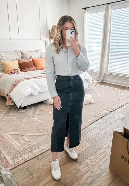 denim midi skirt in a washed black with a button down crinkle shirt - perfect for work! i can’t wait until it cools off and i can style this skirt other ways. i sized down to a 24! usually a 25 in madewell  

#LTKstyletip #LTKfindsunder100 #LTKsalealert